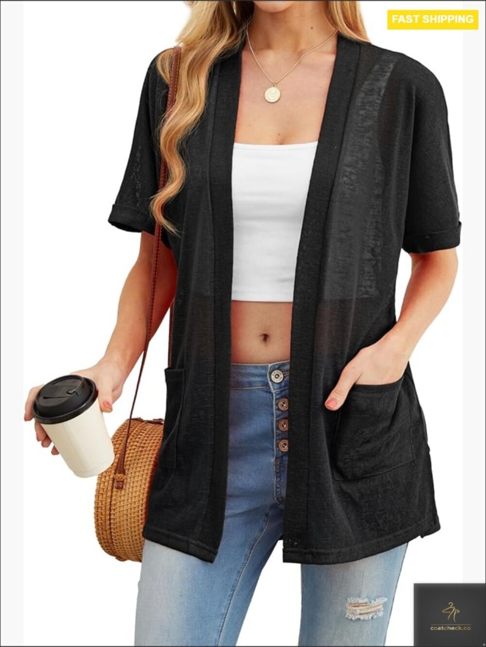 Lightweight Sheer Knit Cardigan with Pockets Short Sleeve Casual Cover Up